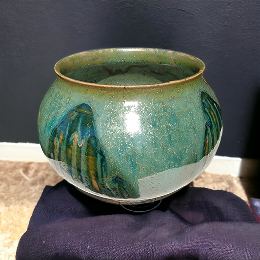 Medium Large Variegated Green Bowl/Vase with glazed designs. - #85
