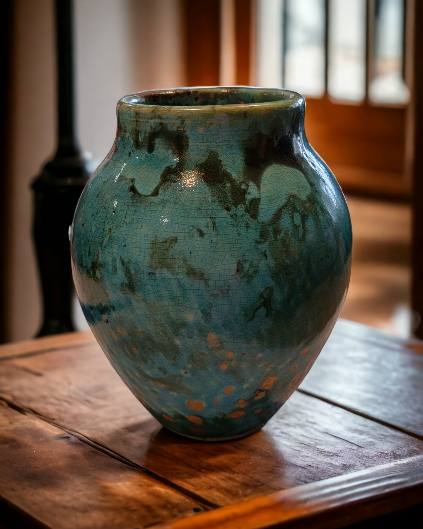 Turquoise and Copper Porcelain Raku Vase - #47