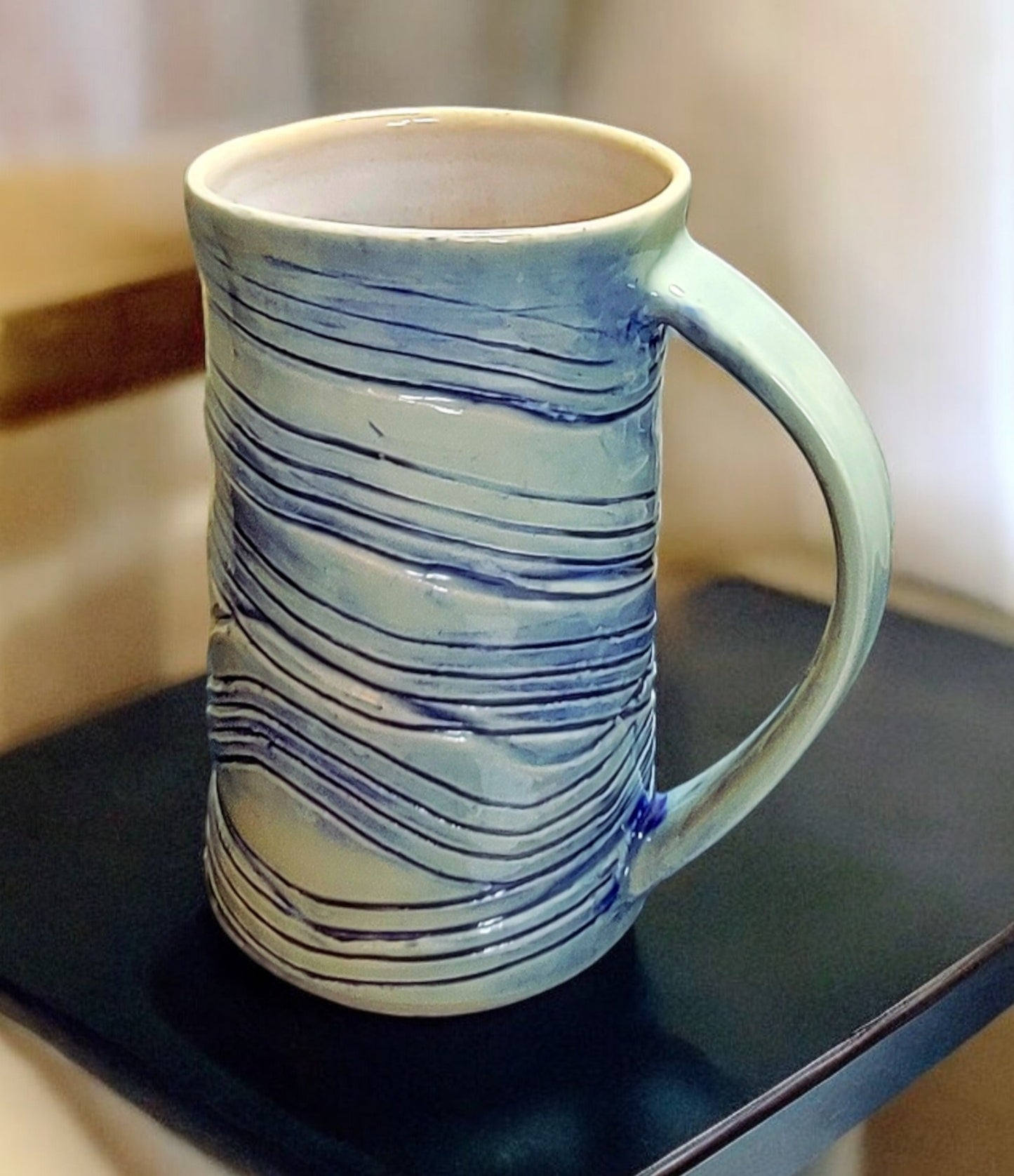 Organic Porcelain Pale Green and Colbalt Striped Mug/Cup