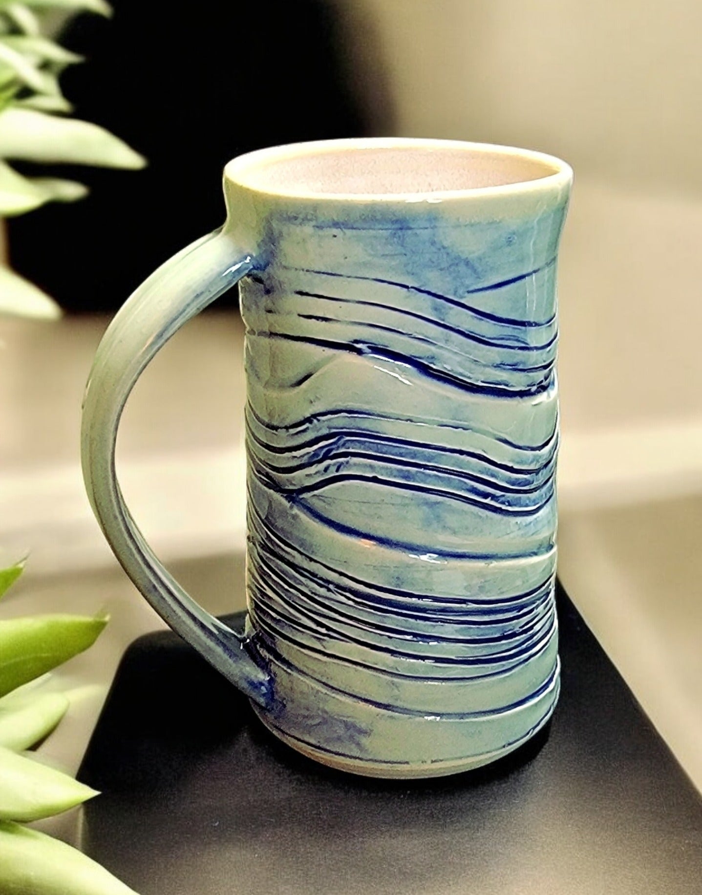 Organic Porcelain Pale Green and Colbalt Striped Mug/Cup