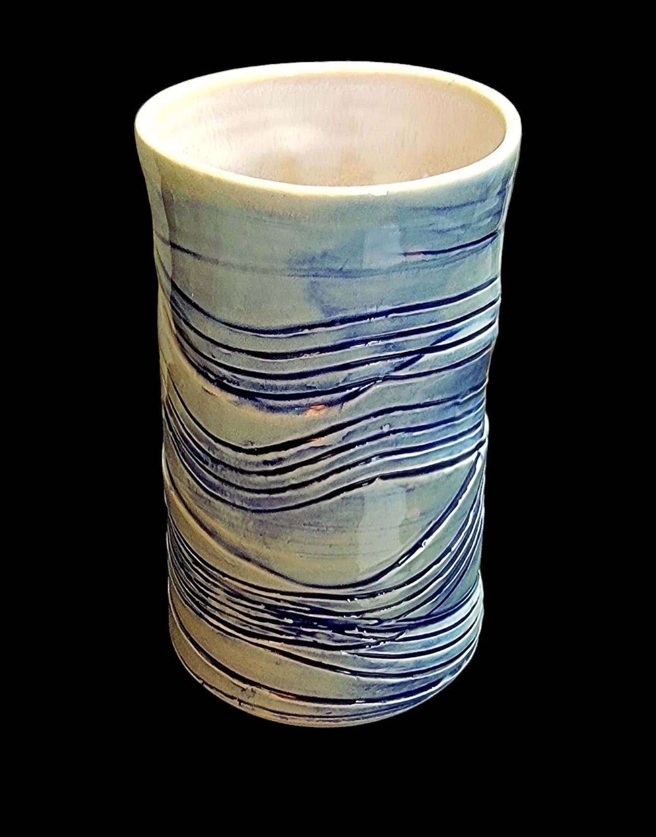 Organic Porcelain Pale Green and Colbalt Striped Mug/Cup