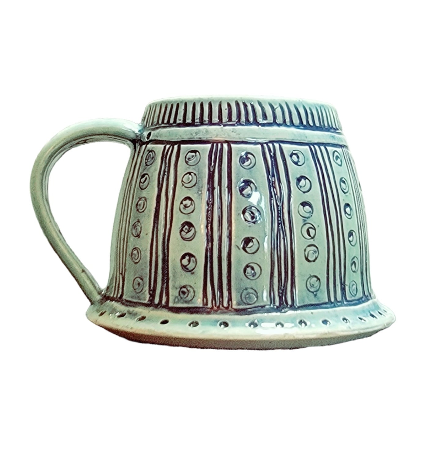 Large Porcelain Pale Celadon Mug with Carved Designs