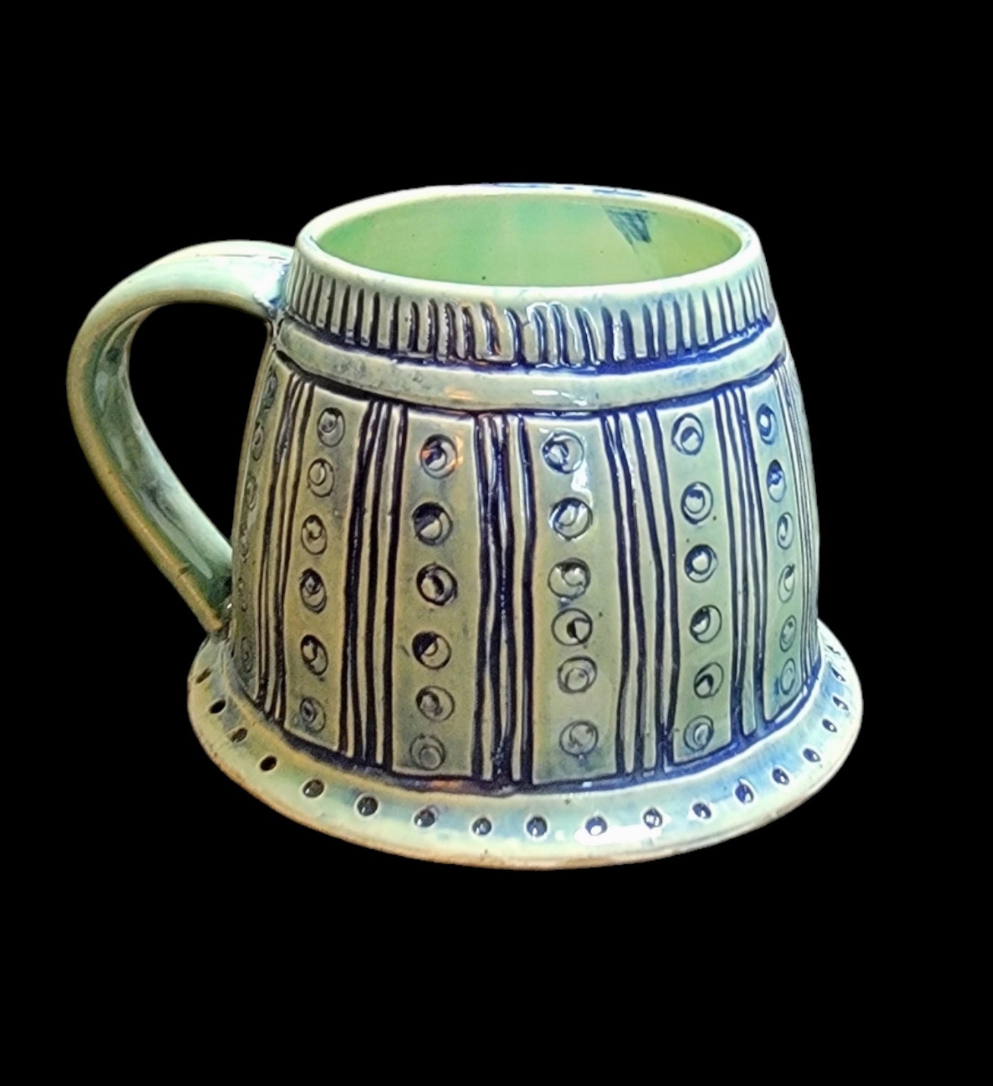 Large Porcelain Pale Celadon Mug with Carved Designs