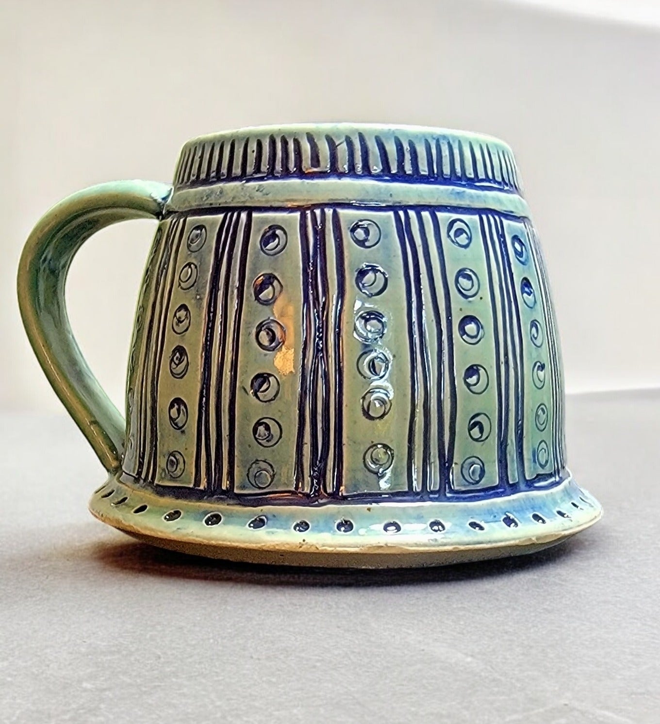 Large Porcelain Pale Celadon Mug with Carved Designs