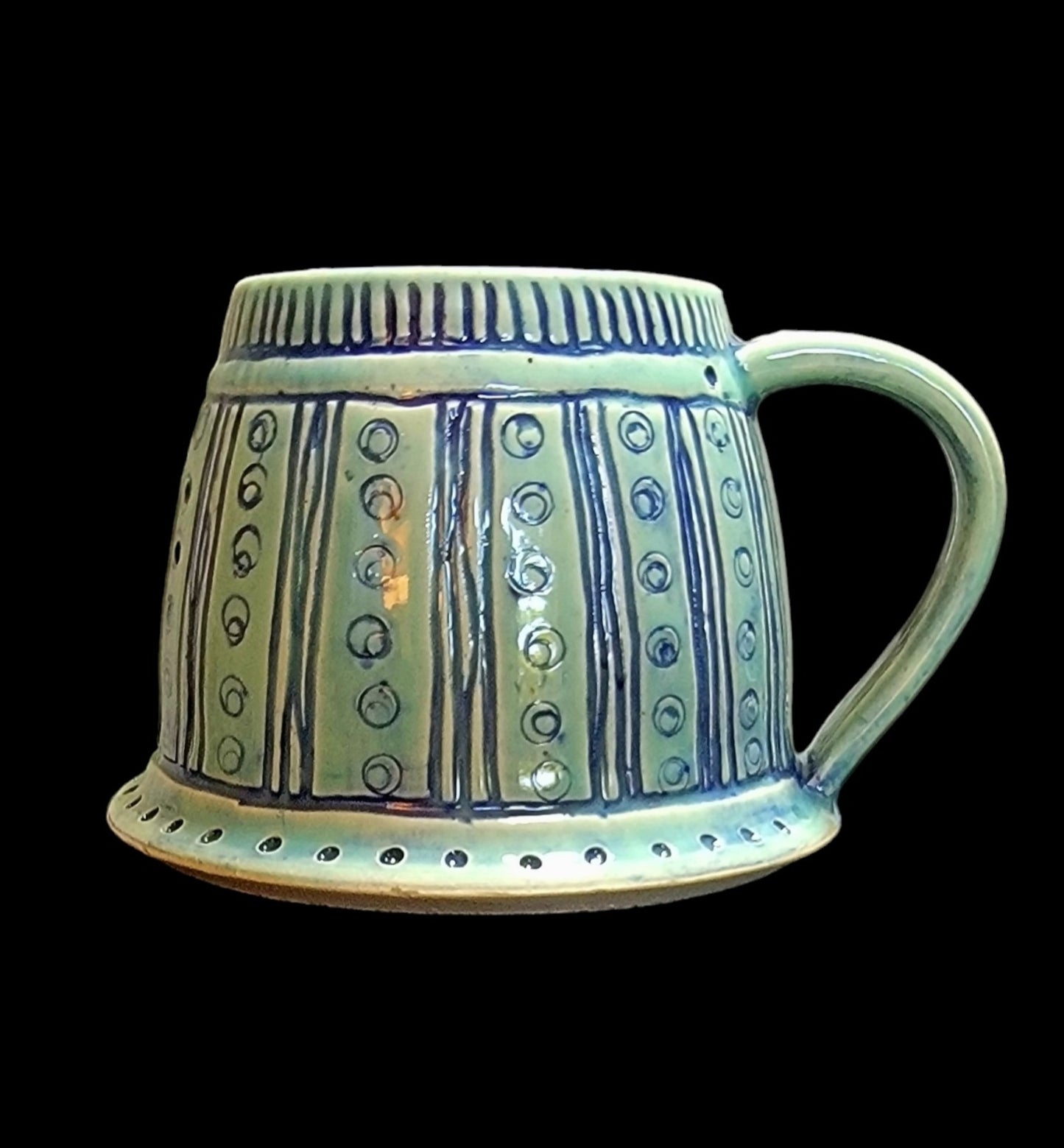 Large Porcelain Pale Celadon Mug with Carved Designs