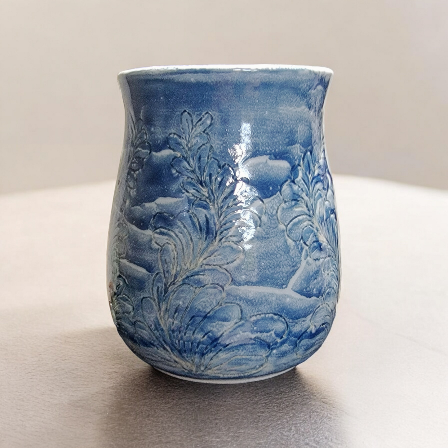 SOLD-Medium Large Vase - Carved Asian Styled and Thrice Fired for a flowing and pooled Glaze Effect