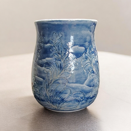 SOLD-Medium Large Vase - Carved Asian Styled and Thrice Fired for a flowing and pooled Glaze Effect