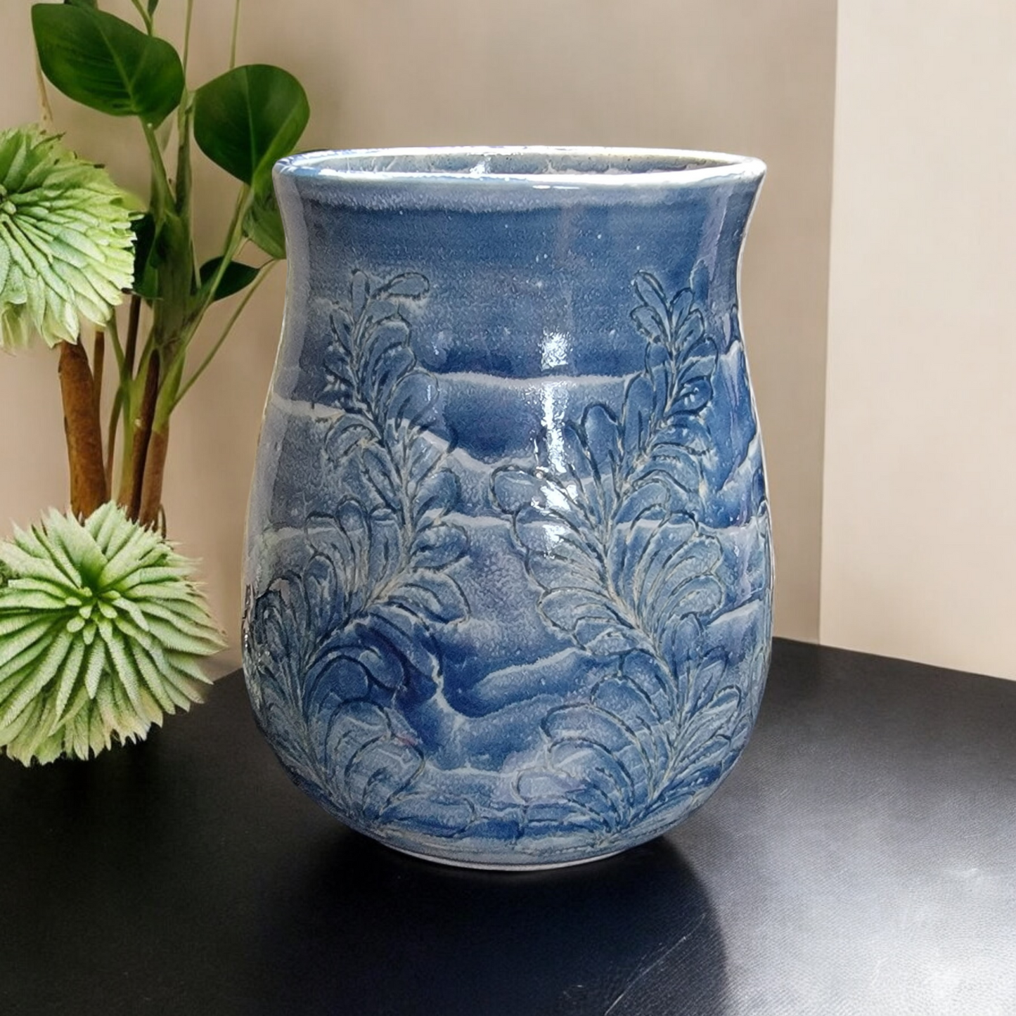 SOLD-Medium Large Vase - Carved Asian Styled and Thrice Fired for a flowing and pooled Glaze Effect