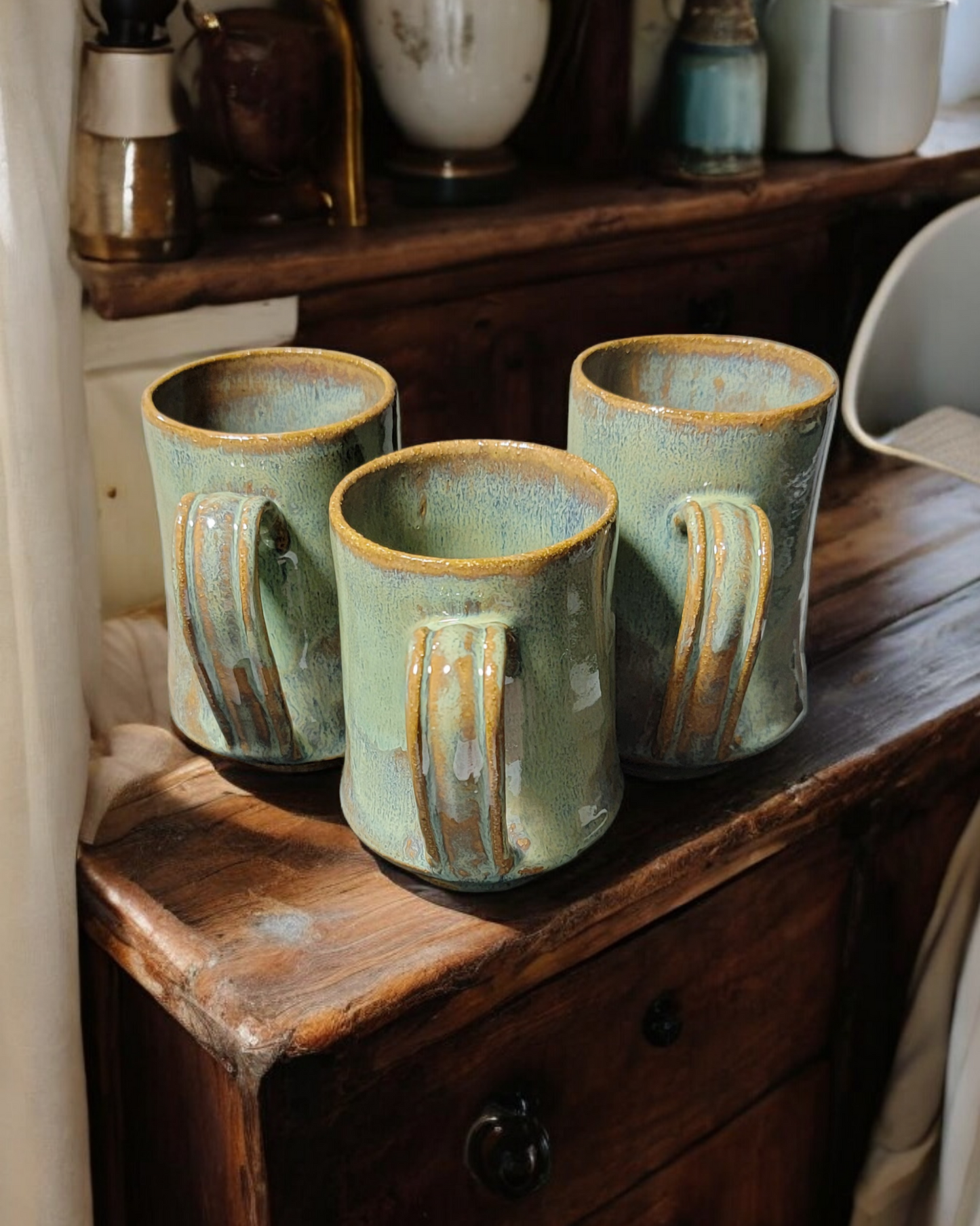 Small Pistachio Green and Amber Mugs