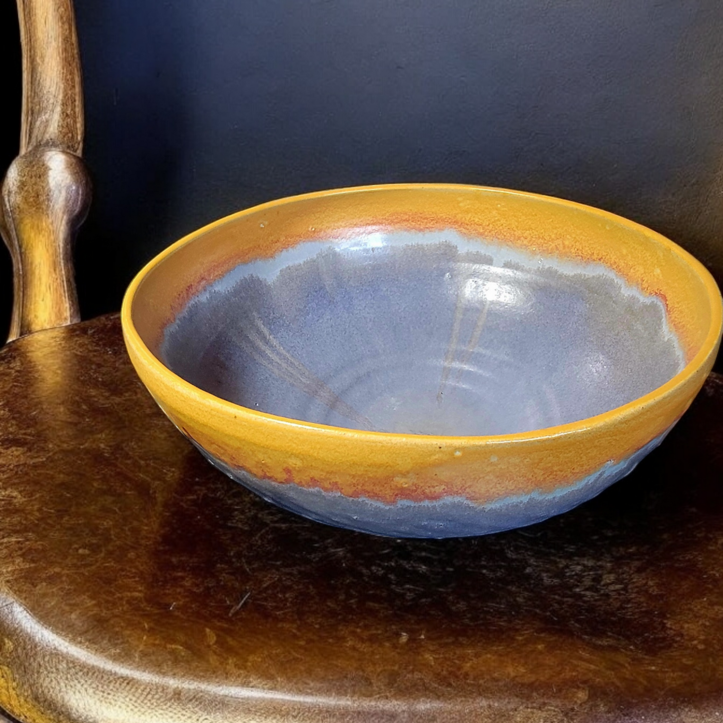 Large Blue and Gold Serving or Fruit Bowl