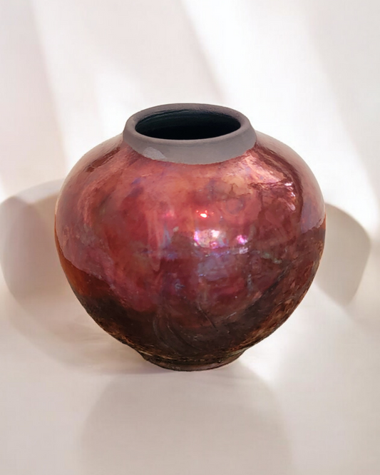 Small Round Raku Vase in Copper/maroon.