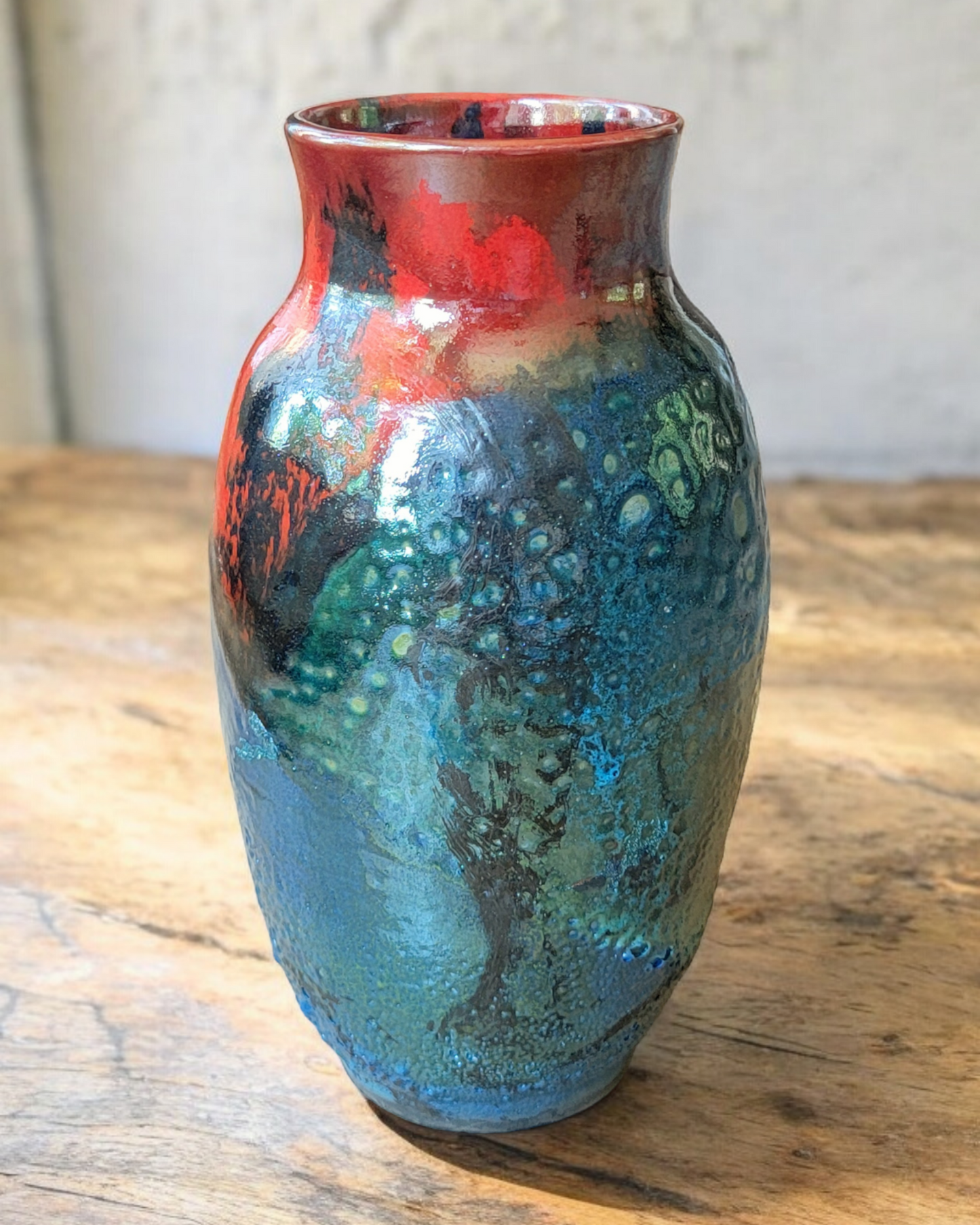 Medium Blue/Red Raku Vase