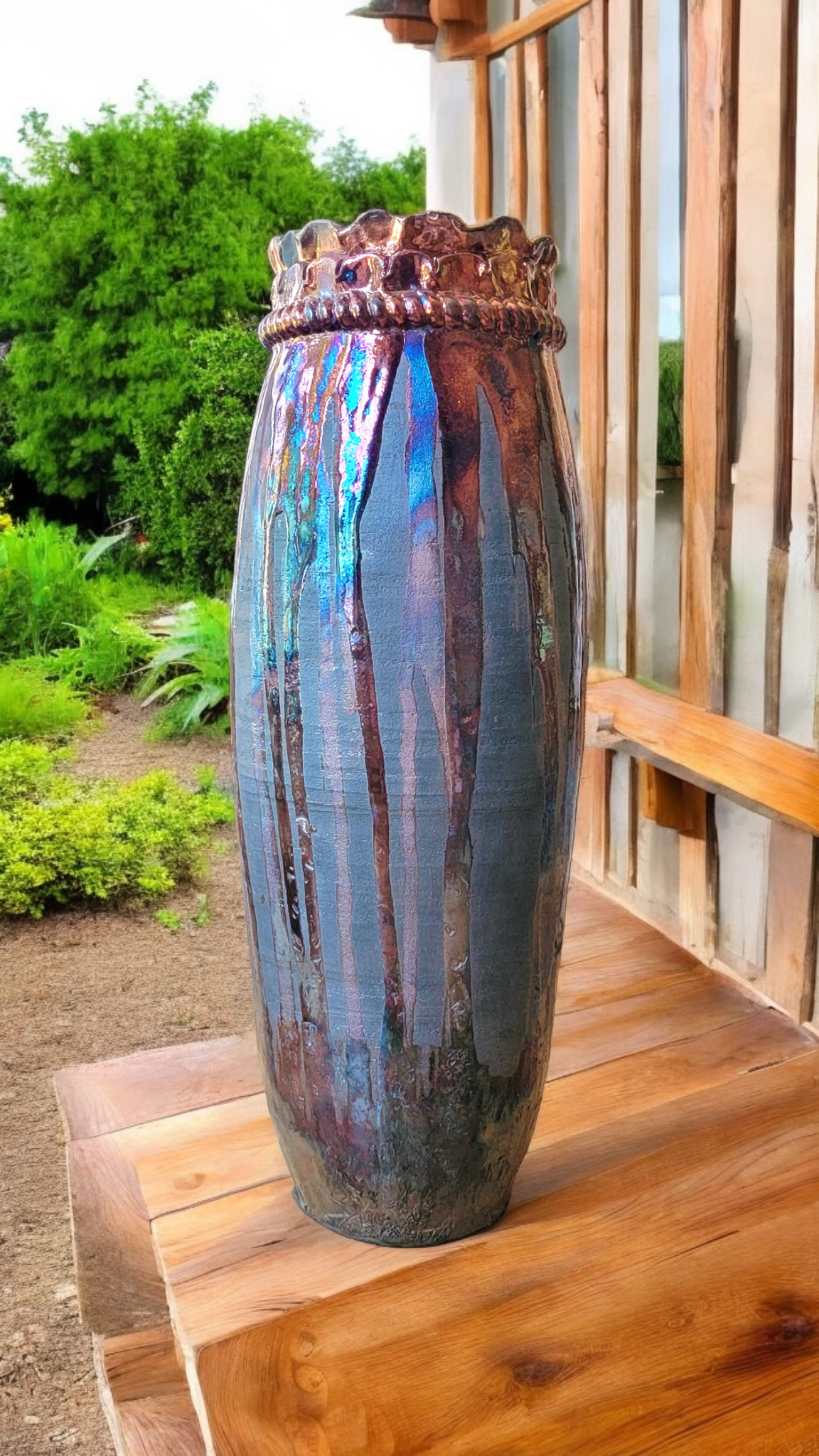 Large Tall Sculptural Raku Vase