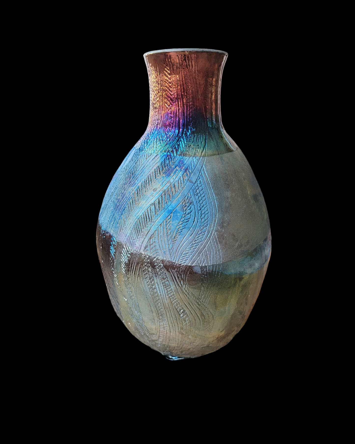 Large Round Raku Vase with carved designs